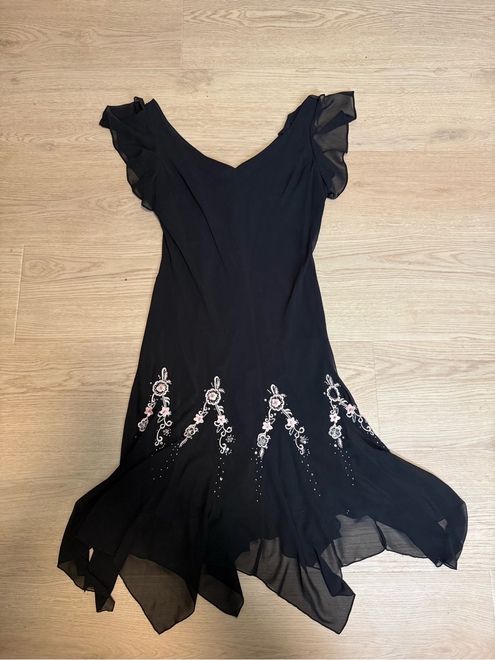 S.L. Fashions Black Midi Dress with Pink Floral Embroidery
